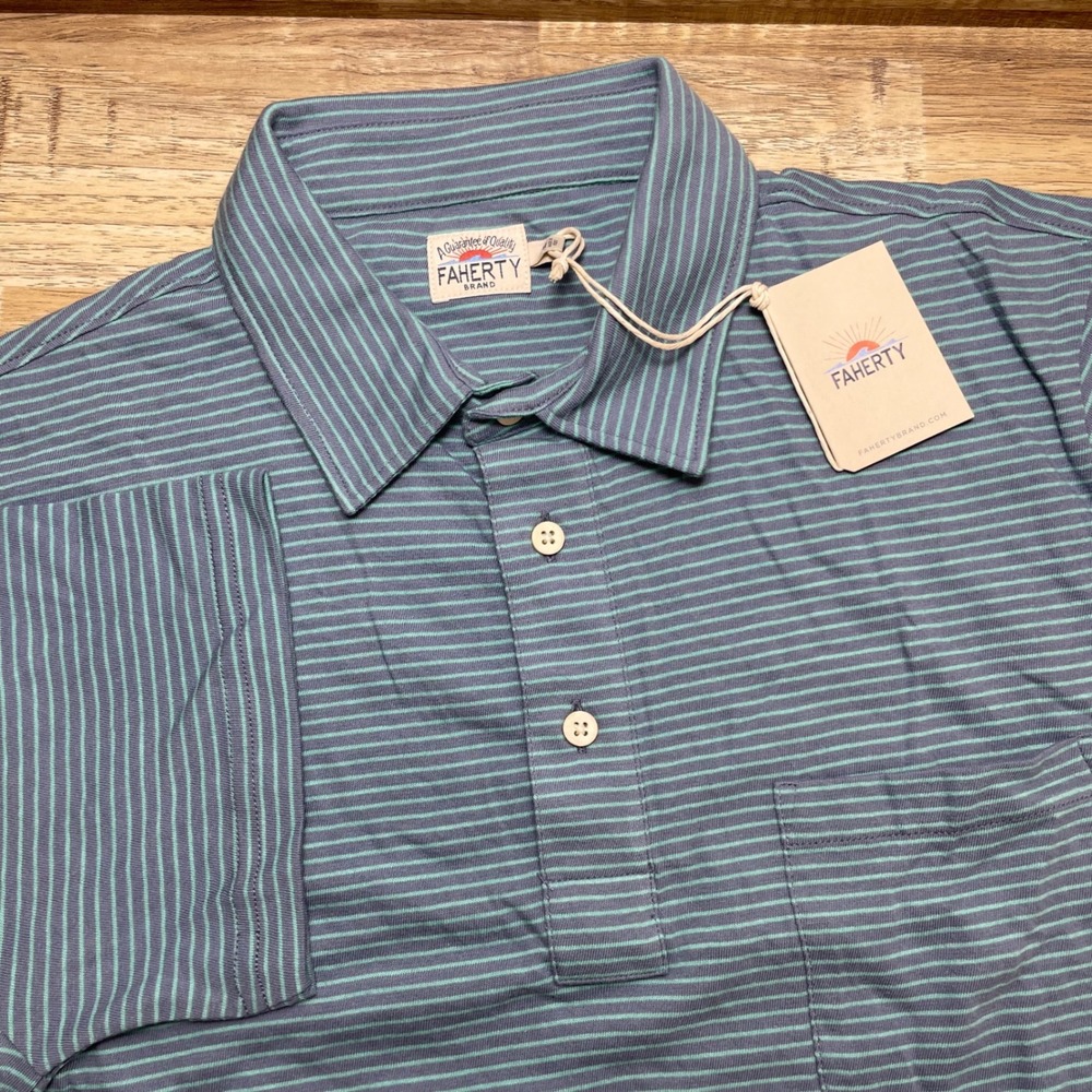 Faherty Isle Feeder Polo Mens Medium Navy Teal Striped Cotton Short Sleeve New